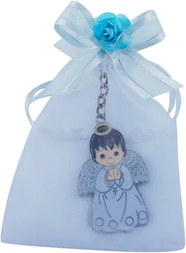 Miniatura 7 de Llavero de bautismo de primera comunión (12 piezas) niño ángel con bolsas decoradas de organza/Recuerdos para Primera Comunión BAUTIZO Niño Oro