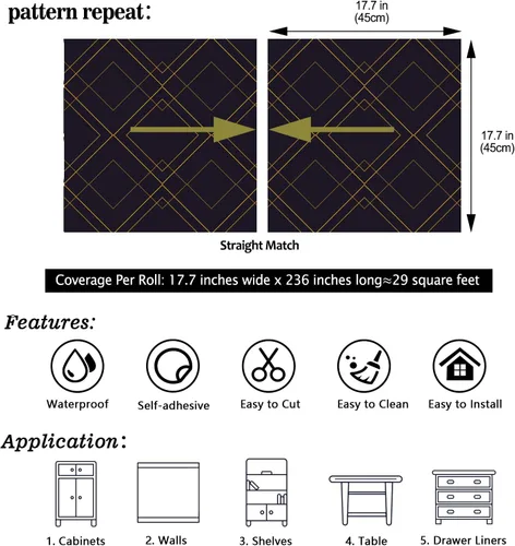 Miniatura 8 de CHIHUT Papel tapiz con forma de diamante negro y dorado para sala de estar, 17.7 x 236 pulgadas, papel tapiz moderno Art Deco para dormitorio, baño