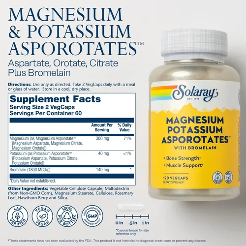 Miniatura 2 de Solaray Magnesio y potasio con bromelina, suplemento de magnesio y potasio para la salud del corazón, electrolitos y apoyo muscular, sin gluten