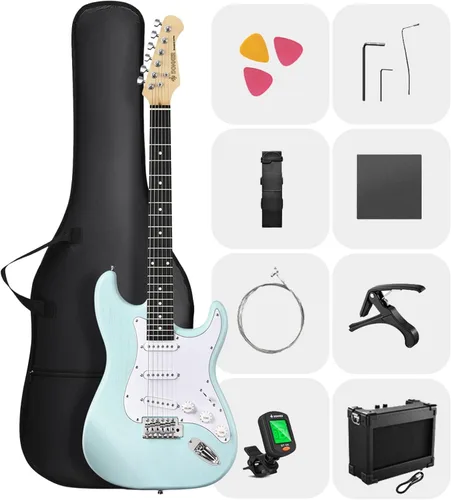 DONNER DST-80 - Juego de guitarra eléctrica para principiantes de 39 pulgadas con amplificador, pastilla clásica SSS completa con estuche, afinador,