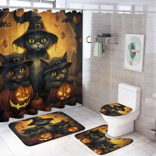 Miniatura 13 de Juego de 4 cortinas de ducha de Halloween, gato negro, luna llena, calabaza aterradora, cortina de ducha y alfombras, juego de cortina de ducha