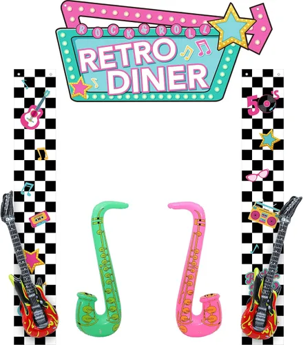 Peryiter 7 pancartas retro de los años 50, guitarra de llama, saxofón vintage de regreso a los años 50, decoraciones de fiesta temática de rock and