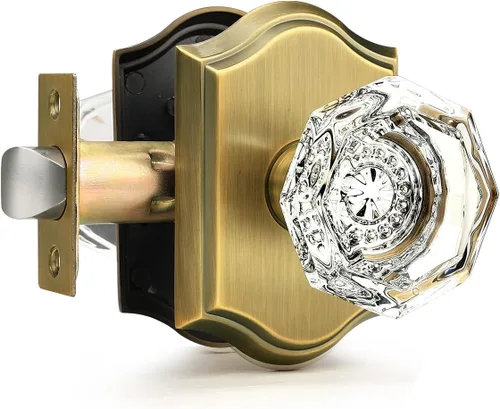Gobrico Pomo octogonal de cristal de diamante en latón antiguo para pasillo/armario, función de paso para habitación interior, sin llave, 1 paquete