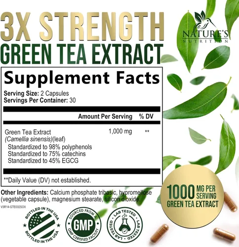 Miniatura 2 de Extracto de té verde 98% EGCG estandarizado – 3 veces de fuerza para energía natural – Auxiliar cardíaco con polifenoles – cafeína suave, fabricado