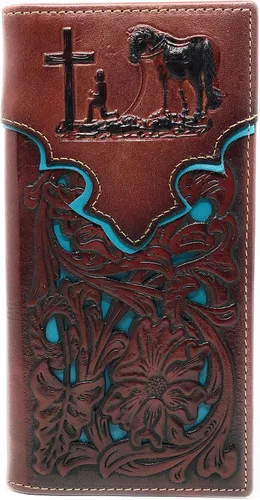 Western - Cartera de piel auténtica con corte láser para hombre en 10 colores, MarrónTurquesa, S, billetera