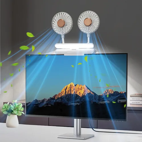 Miniatura 11 de Ventilador de monitor con 2 cabezales giratorios, 3 velocidades, abrazadera resistente, ventilador de refrigeración alimentado por USB para Blanco