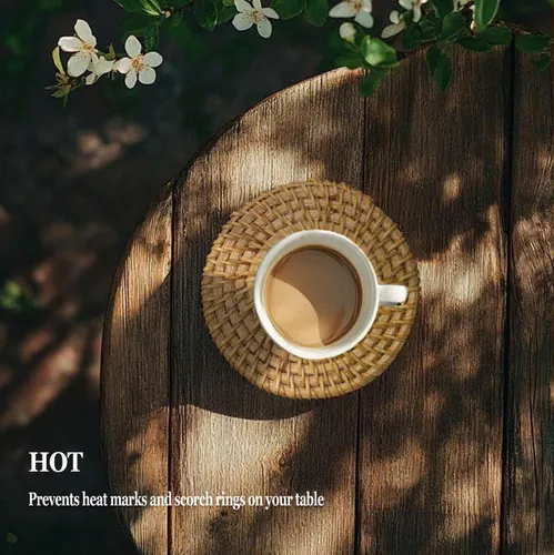 Miniatura 6 de Juego de 6 posavasos de ratán hechos a mano con soporte, posavasos bohemios de mimbre natural, resistentes al calor para bebidas frías y calientes