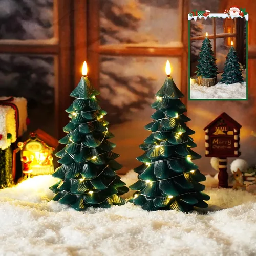 Miniatura 2 de kakoya Velas sin Llama de Árbol de Navidad con Control Remoto, 2 Piezas Velas LED Parpadeantes de Cera Real Verde que Funcionan con Batería
