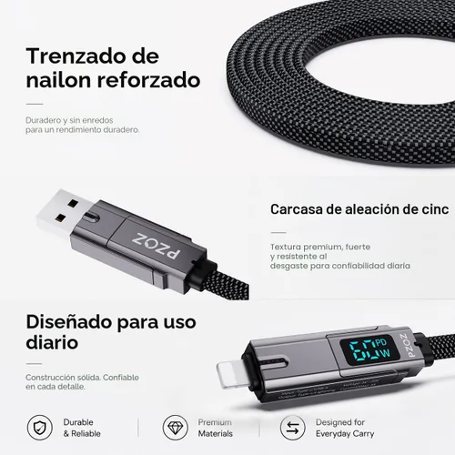 Miniatura 5 de pzoz Cable de carga múltiple llavero cable de carga con pantalla LED, 4 en 1 Multi USB C de carga rápida Combo Lightning/Tipo C/USB A/USBC