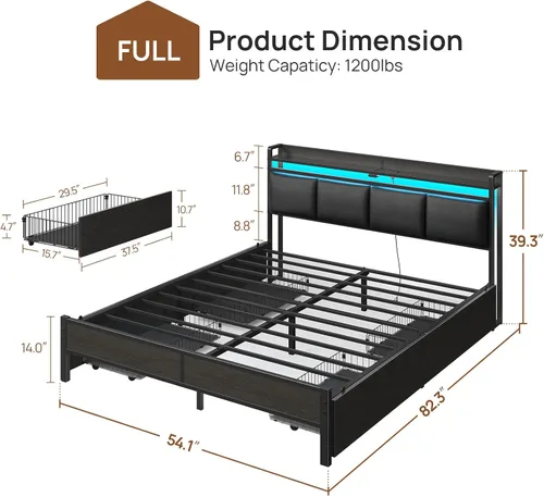 Miniatura 2 de Rolanstar Armazón de cama tamaño completo con estación de carga y luces LED, cabecera de almacenamiento tapizada con cajones, listones de metal