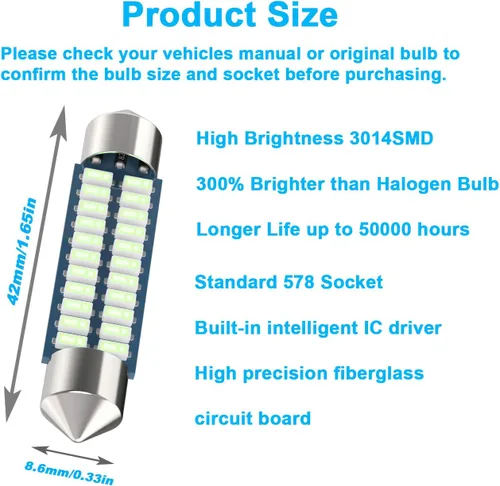 Miniatura 2 de Bombilla LED festoon Serundo Auto 578 de 211-2, 41mm 42mm 1.65 pulgadas, para luz de mapa y cúpula de automóvil, bombilla 212-2, 22SMD con chips