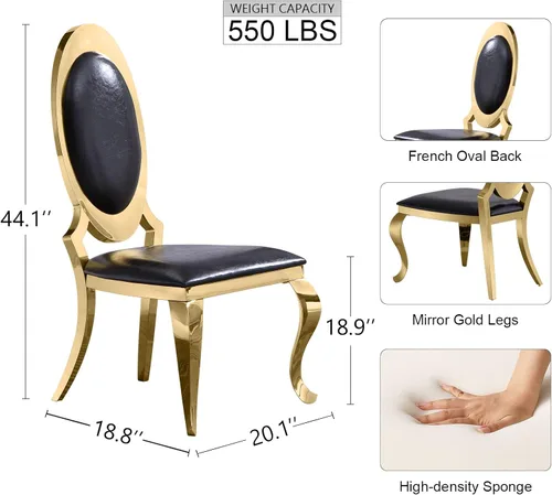 Miniatura 6 de ACEDÉCOR Juego de mesa de comedor moderno de 5 piezas con 4 sillas de comedor de cuero negro, mesa de comedor con base en U de metal de acero Oro