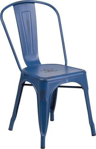 Miniatura 3 de Merrick Lane Banks - Silla apilable de comedor, marco de metal azul antiguo, acabado con recubrimiento en polvo envejecido, respaldo de listones