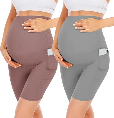 YOLIX Paquete de 2 pantalones cortos de maternidad sobre el vientre, cintura alta, negro, entrenamiento, 8 pulgadas, pantalones cortos de ciclismo