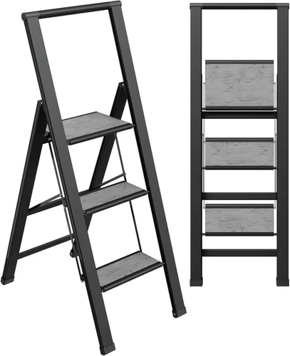 Escalera plegable de 3 escalones, decorativa, hermosa madera gris y aluminio negro, perfil ultra delgado, peldaños antideslizantes, resistente y