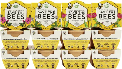 BUZZY Seeds Save The Bees Grow Kit, 12 mini macetas biodegradables con paquetes de semillas de flores silvestres, juego de iniciación de plantación