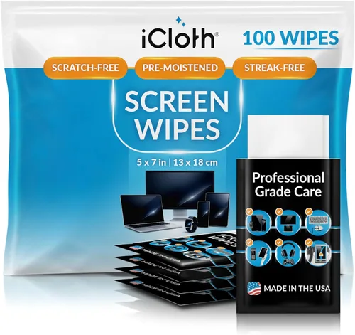 iCloth - Toallitas húmedas empacadas individualmente, para limpiar lentes y pantallas grandes, de grado profesional, 1 toallita limpia un monitor