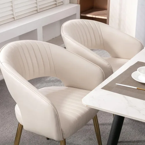 Miniatura 8 de Hyfirm Juego de 2 sillas de comedor de cuero, modernas sillas de cocina color dorado crema con respaldo hueco, sillas laterales tapizadas para sala