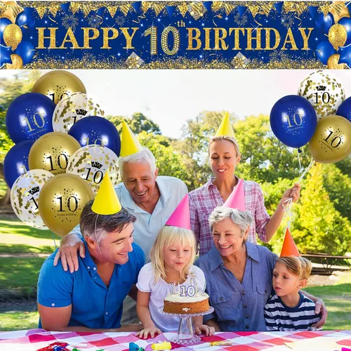 Miniatura 7 de Decoraciones de cumpleaños número 10 para niños pequeños, niños y niñas, azul marino y dorado, pancarta de fiesta de feliz cumpleaños de 18 piezas