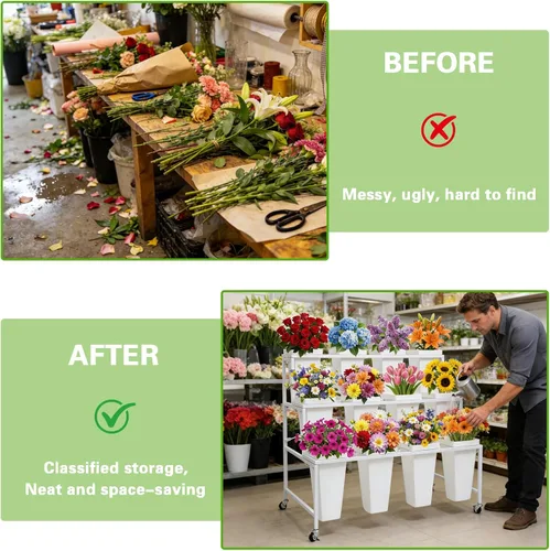 Miniatura 6 de Soporte de exhibición de flores de metal de 3 niveles, carrito móvil resistente para plantas de flores con 12 cubos y ruedas con bloqueo, estante