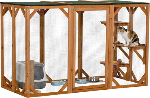 PawHut Casa para gatos al aire libre, refugio de madera para gatos Catio, jaula para gatos con plataformas, puerta de entrada grande, techo de