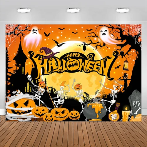 Miniatura 10 de Mocsick - Telón de fondo de Halloween para fotografía, noche naranja, luna, decoración de fiesta de Halloween, truco o trato, calavera, calabaza