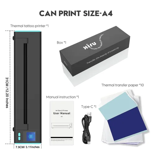 Miniatura 2 de XR3 - Impresora de plantillas de tatuaje, impresora de tatuajes con pantalla LED y 10 piezas de papel de transferencia, impresora térmica portátil
