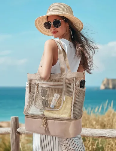 Miniatura 2 de BAGSMART Bolsa de playa para mujeres, bolsas de malla tipo tote con cremallera, esenciales de vacaciones a prueba de arena con enfriador
