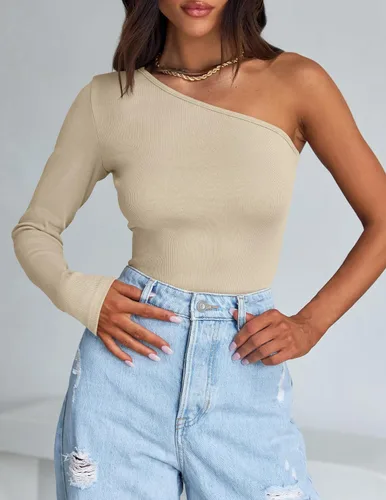 Miniatura 2 de ZESICA Camisetas de manga larga con un hombro para mujer, camisetas básicas ajustadas y ligeras de punto acanalado para otoño 2023