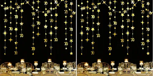 Miniatura 7 de Decoraciones doradas de cumpleaños número 70, guirnalda de estrellas centelleantes con el número 70, guirnalda metálica para colgar en banderines