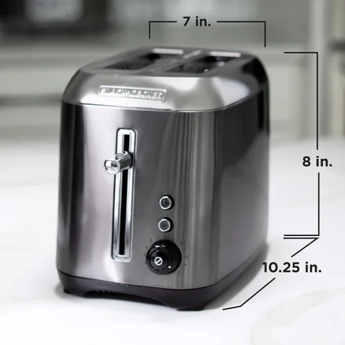 Miniatura 7 de Black & Decker Tostadora de 2 rebanadas con función de botón de ranura extra ancha, selector de sombra y bandeja de migas abatible, negro/acero