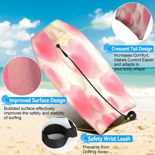 Miniatura 4 de Tabla de Bodyboard ligera con núcleo EPS, base lisa de HDPE, amarradera y muñequera ajustable, excelente para surfear para niños y adultos Rosado