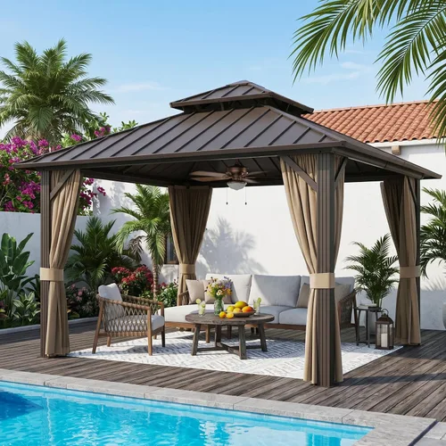 Miniatura 16 de Cenador de techo rígido de 12'x16', Cenador de patio de aluminio para exteriores con toldo de acero galvanizado de doble techo con malla y cortinas