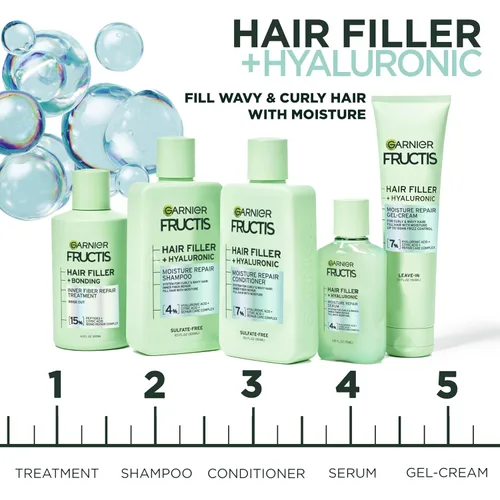Miniatura 5 de Garnier Fructis Hair Filler Champú reparador de humedad, champú sin sulfato para cabello rizado y ondulado con ácido hialurónico, 10.1 onzas