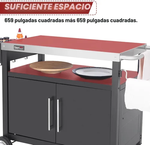 Miniatura 5 de Carro de parrilla al aire libre con ruedas, isla de cocina móvil con gabinete de almacenamiento para barbacoa, mesa de carrito de comedor de acero