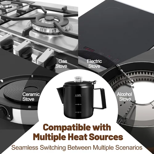 Miniatura 7 de Percolador de 6 Tazas de Acero Inoxidable 304 Cafetera Máquina de Café con Mango de Madera Sólida Perilla Transparente Estufa Greca Mocha