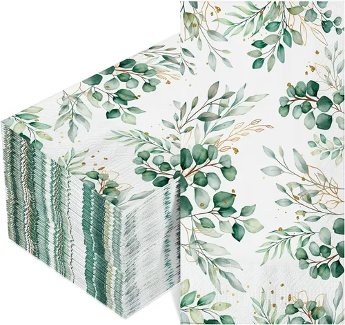 100 servilletas de eucalipto desechables de 3 capas de papel de hojas de eucalipto verdes para invitados, servilletas de cóctel, papel verde para