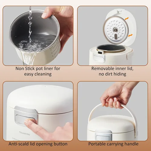 Miniatura 5 de Arrocera pequeña, mini olla arrocera para 2 tazas sin cocinar (4 tazas cocidas), arrocera eléctrica antiadherente portátil, para dormitorio, viajes