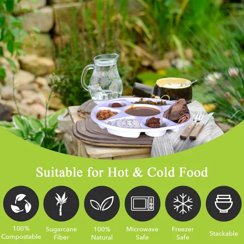 Miniatura 5 de three leaf - Platos de bagazo redondos de 7 compartimentos, 50 unidades. Platos desechables de bagazo ecológicos 100% biodegradables de alta 7 Comp.