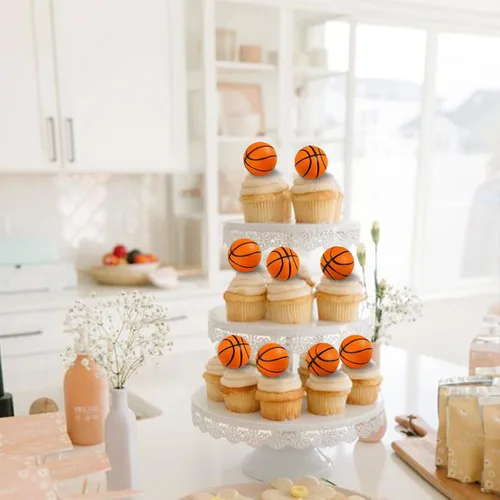 Miniatura 6 de Rsstarxi Paquete de 12 adornos 3D para cupcakes de baloncesto para decoración de tartas de baloncesto para temática deportiva, baby shower, fiesta