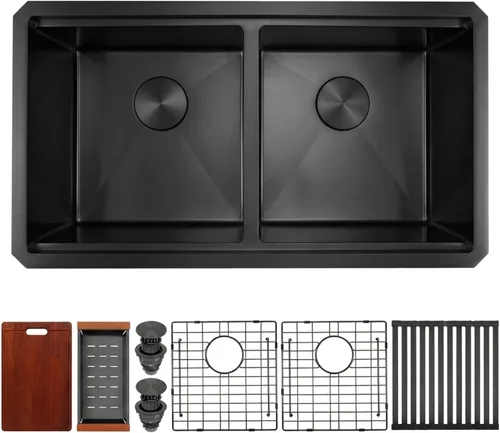 Miniatura 2 de Fregadero de Cocina de Doble Tazón 30" X 18", Fregadero de Cocina Negro de Montaje Inferior, Fregaderos Dobles de Montaje Inferior de Acero Acero