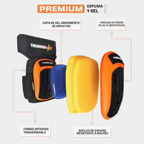 Miniatura 4 de Rodilleras Thunderbolt de trabajo, para construcción, colocación de pisos, limpieza de jardines, doble cojín de espuma de gel y correas NARANJA
