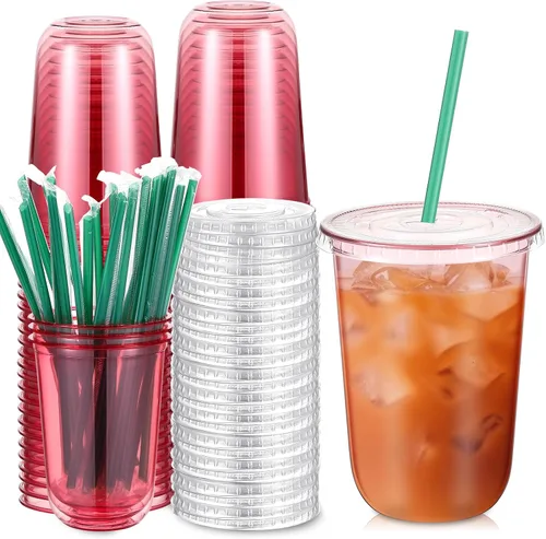 Miniatura 16 de Baderke Juego de 25 vasos de plástico con tapas y pajitas, tazas de plástico desechables para café helado, jugo, batido, cristal para cafeterías