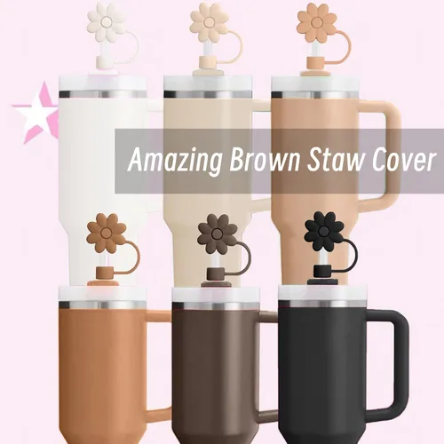 Miniatura 5 de Brown Series - Fundas de silicona para popotes Stanley de 30 y 40 onzas, accesorios para vasos de 30 y 40 onzas, 6 tapas de popote de flores, a