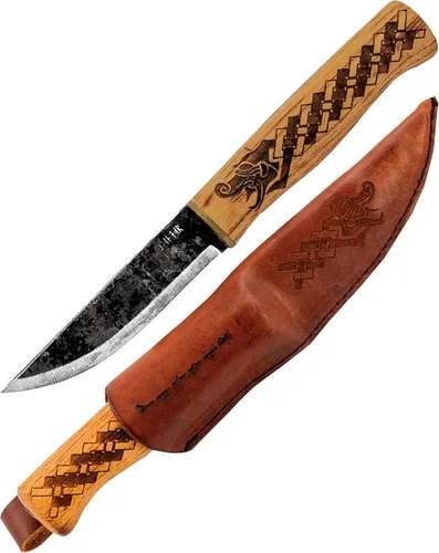 Condor Herramienta y cuchillo, cuchillo de dragón nórdico, hoja de 4 pulgadas, mango de nogal americano quemado, funda de cuero