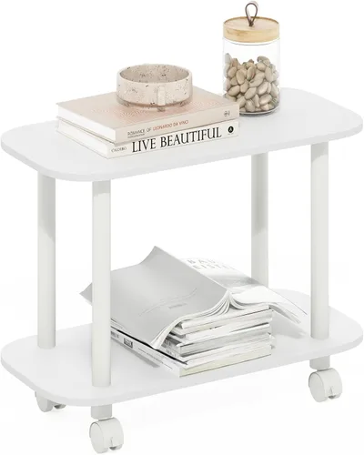 Miniatura 10 de Furinno Turn-N-Tube - Mesa auxiliar rectangular de 2 niveles con ruedas, mesita de noche de esquina redonda, mesita de noche con estante abierto