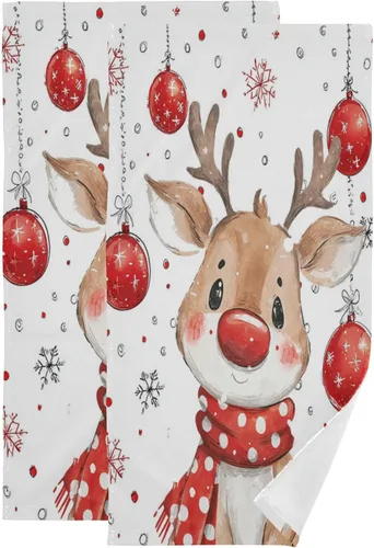 Vdsrup Juego de 2 toallas de mano de reno de Navidad, diseño de ciervos de invierno, juego de 2 toallas de baño con copos de nieve, toalla suave