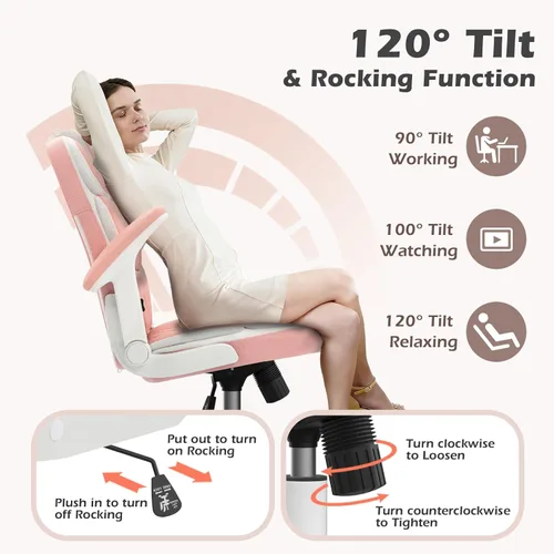 Miniatura 6 de SEATZONE Silla ergonómica de oficina de piel sintética rosa, silla de computadora con ruedas y brazos abatibles, silla giratoria con ruedas