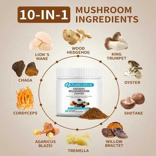Miniatura 2 de Café de hongos, mezcla de polvo de extracto de hongos orgánico 10 melena de león, reishi, chaga, cordyceps, cola de pavo 30 porciones