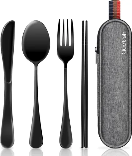 Quatish - Utensilios de viaje con estuche, juego de cubiertos portátiles para el trabajo, juego de cubiertos de viaje reutilizables de acero Negro